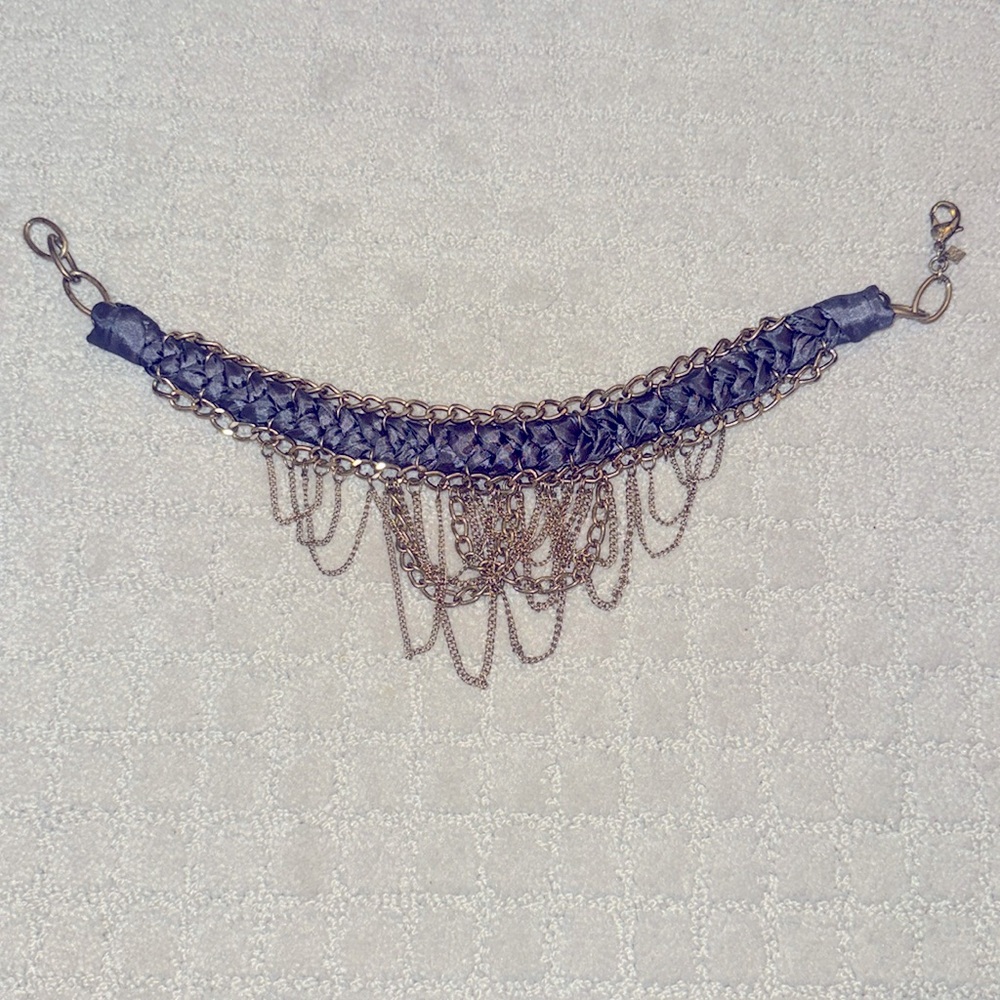 Banana Republic Boho Fringe Choker Necklace – Gold Chain & Braided Satin